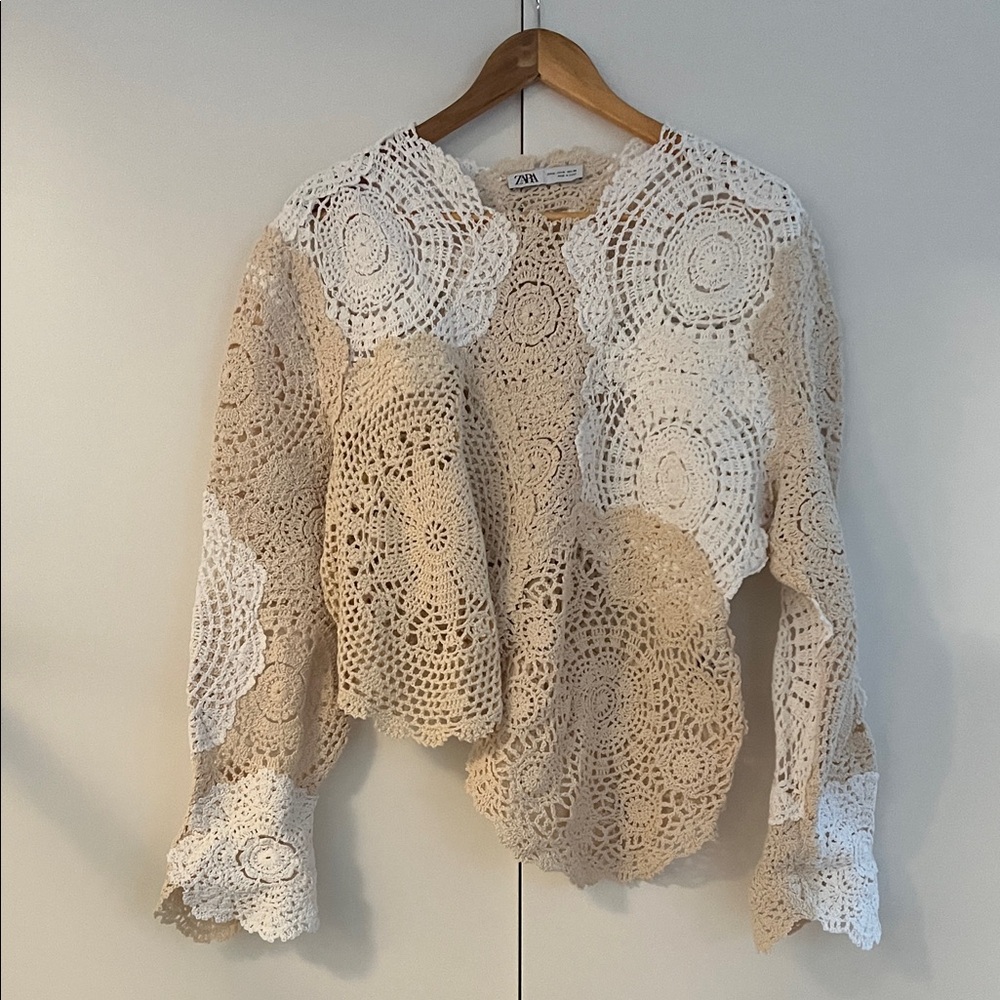 Zara Crochet Lace Top in Beige and White, M